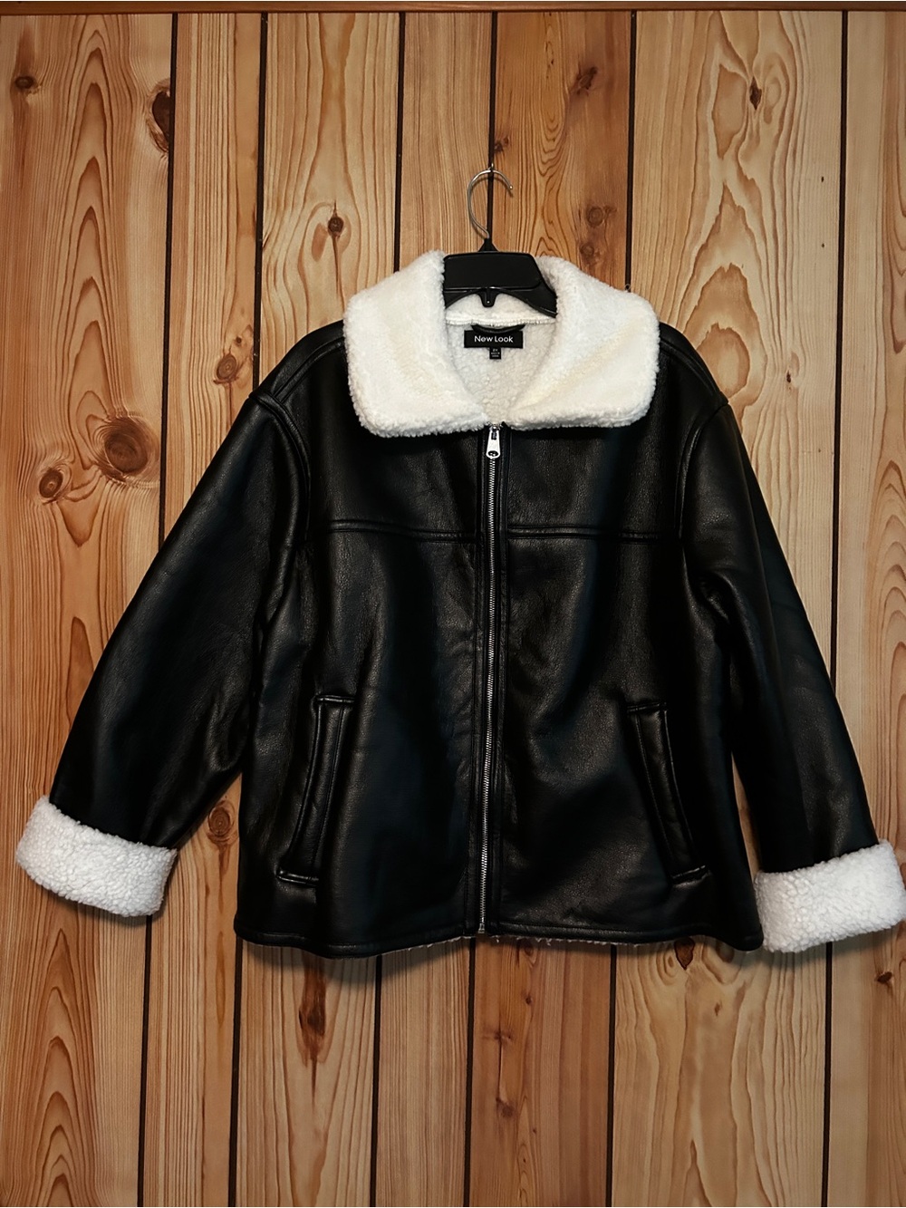 New Look Black Jacket with White Sherpa Collar Lining size 2X